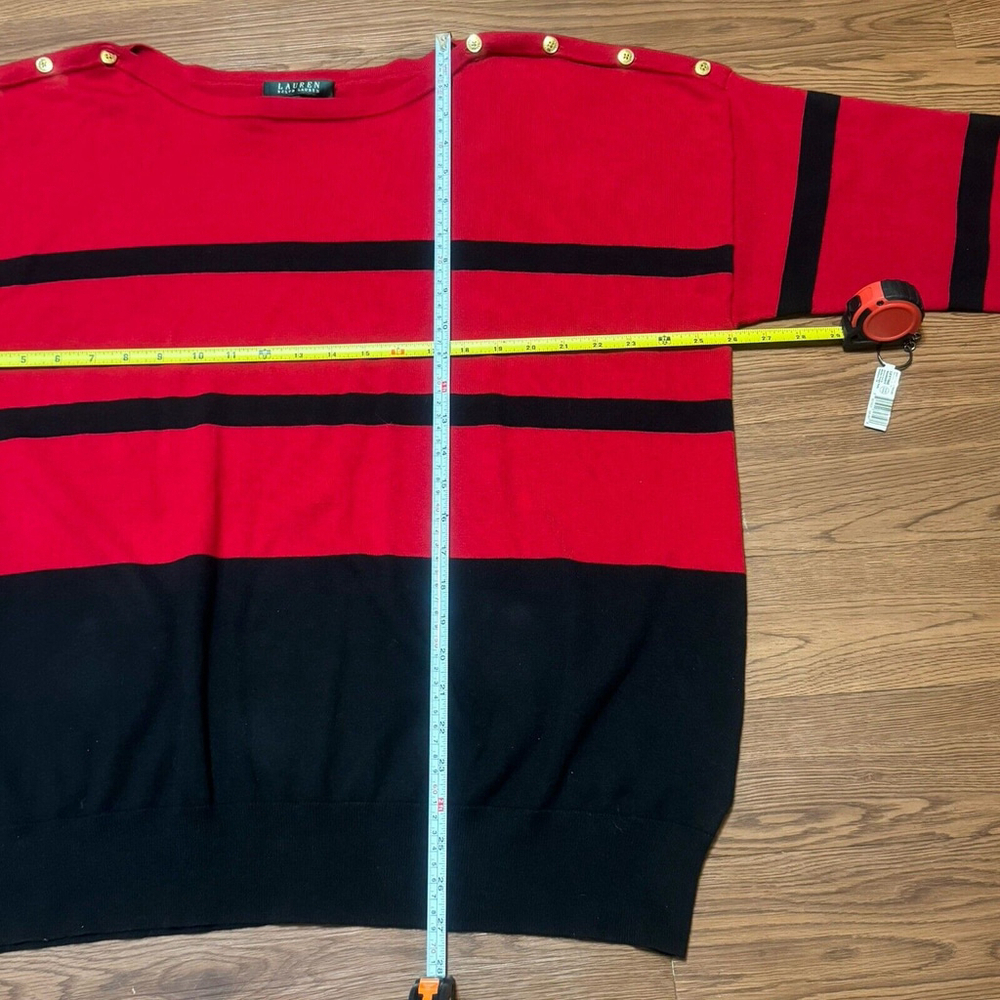 NWT Lauren Ralph Lauren Red/Black Stripe Sweater Size:3X Gold Buttons Crew Neck - Picture 10 of 12